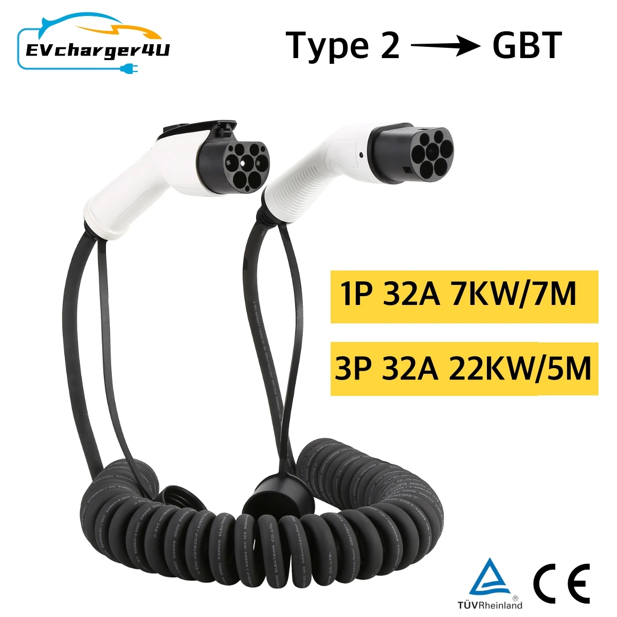 Ev Charger Type 2 22Kw 32A 3 Phase - EVcharger4U 5M/7M Spiralny kabel do ładowania