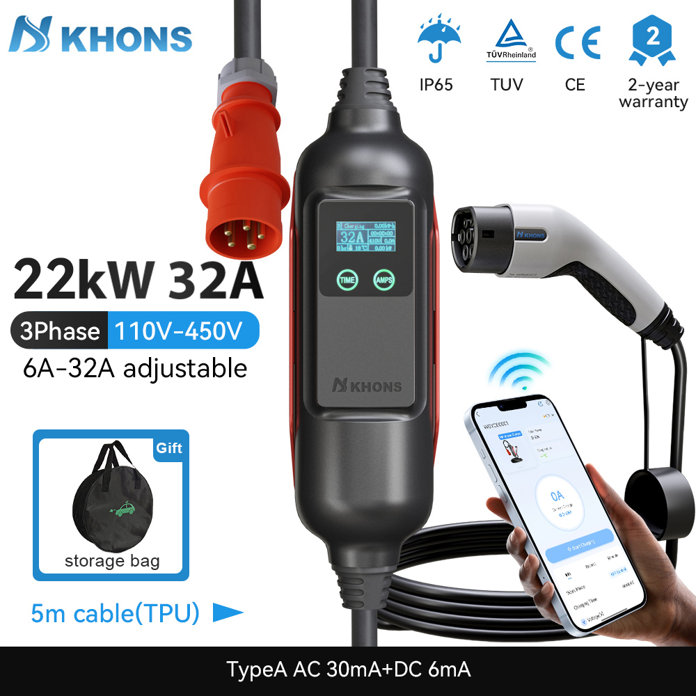 Khons Przenośna ładowarka EV T – Ev Charger Type 2 22Kw 32A 3 Phase recenzja i cena